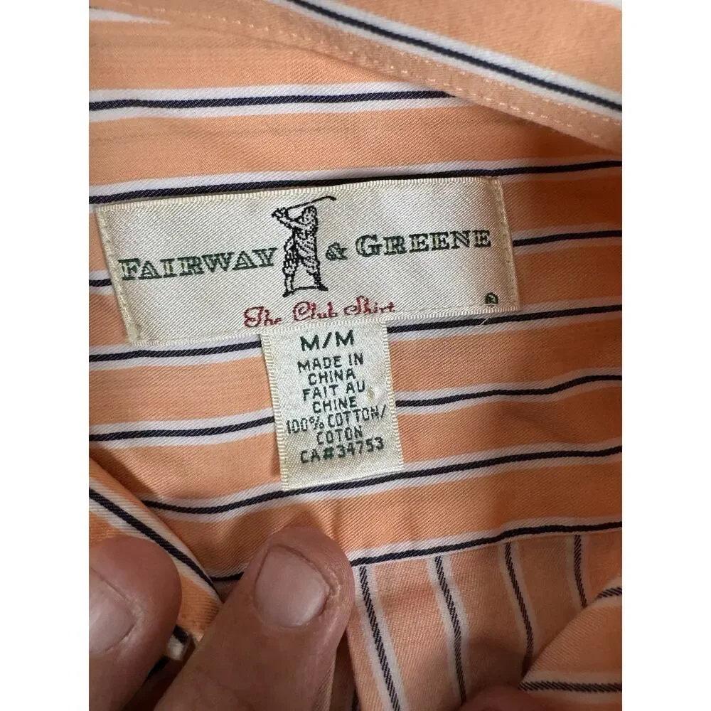 Fairway & Greene Mens M Orange Stripe Golf Shirt Long Sleeve Button Down Cotton
